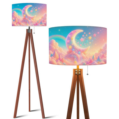 Lampe sur pied fantaisiste à motif floral souriant, avec feuillage vert, DEL à intensité variable et télécommande, pieds en bois de hêtre et abat-jour amovible en lin, idéal pour un appartement de style campagnard, un salon ou une chambre.