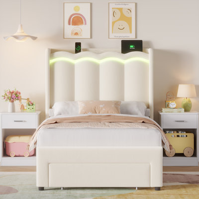 Velvet Upholstered Storage Kids Bed With LED Lights, Twin Size Platform Kids Bed With 1 Drawer