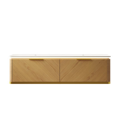 Wall-Mounted Carrara White Sintered Stone Countertop And Woodgrain Plywood Cabinet, NO Basin, NO Faucet And Sink Cover