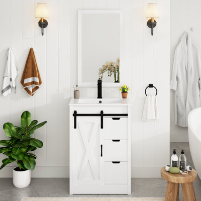 36" Bathroom Vanity With Sink, Faucet, Mirror, Sliding Barn Door, And Drawers