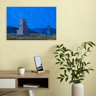 Ancient Pagodas Night Sky Dramatic Mystical Serene Architecture Landscape Wall Art Print 1 Piece Wrapped Canvas Wall Art