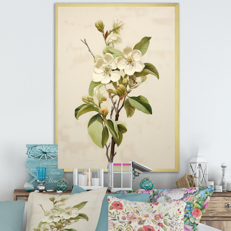 Fleur de pommier minimaliste beige I - fleur de pommier_106421, Encadrement doré, H 20 po x l 12 po x P 1 po