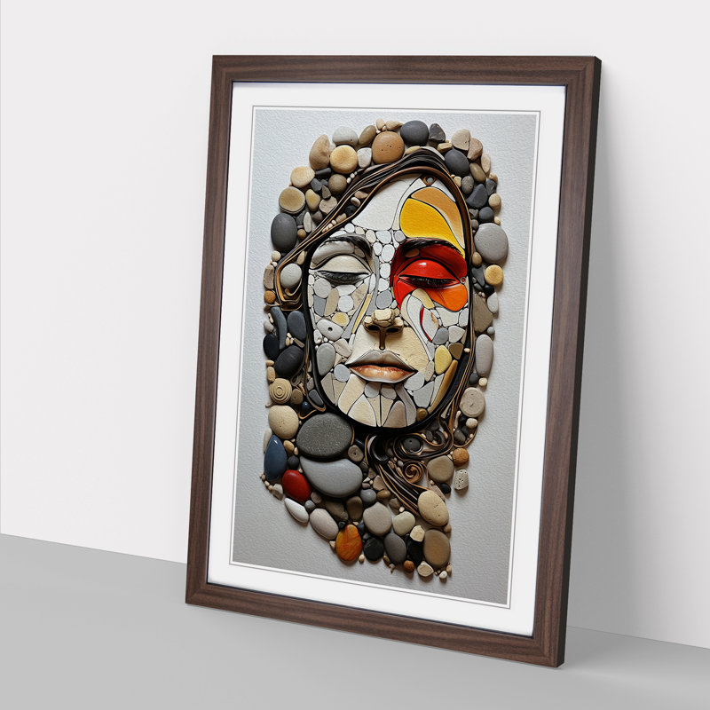 Pebbles Gestural - Single Picture Frame Print on Wood, Walnut, 46cm H x 34cm W x 2cm D