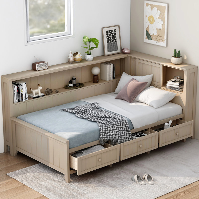 Twin Size Daybed With Shelves And 3 Drawers, Antique White, , No Box Spring Required Wood Multi Space, White Milk, Needed