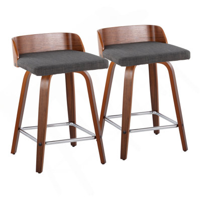 Maya 24" Mid-Century Modern Fixed-Height Counter Stool With Swivel In Walnut Wood And Charcoal Fabric With Square Chrome Metal Footrest By Lumisource - Set Of 2