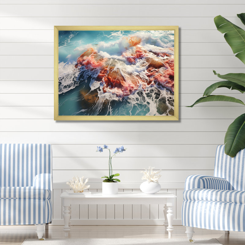 Toile corail, bord de mer, art mural plage, Cadre doré à coins fermés, H 30 po x l 40 po x P 1,5 po