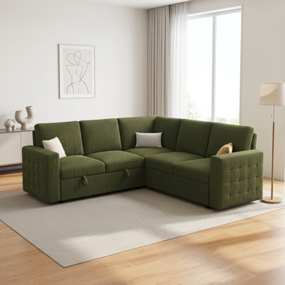 L Shaped Sectional Sofa Bed Pull Out Sleeper Couch with Storage, Corduroy Upholstered, Green