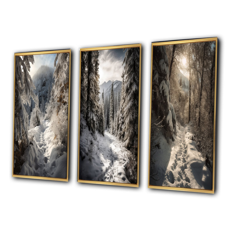 «Frosty Snow Forest Path», 3 pièces, H 40 po x l 60 po, Cadre flottant doré