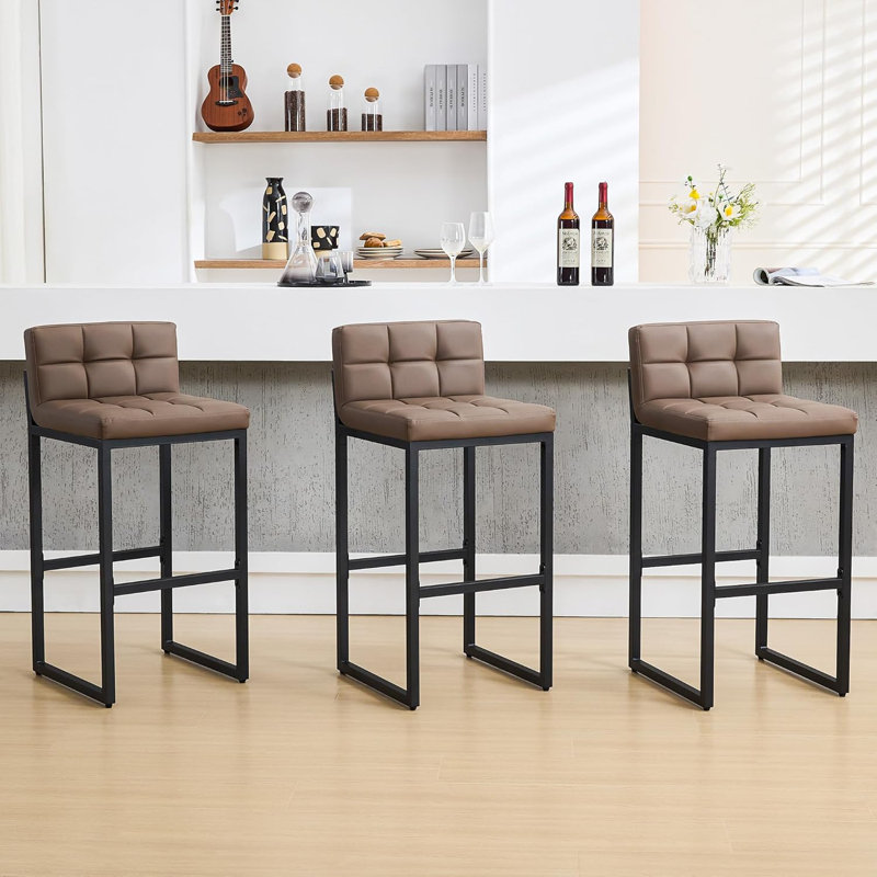 Upholstered Low Back Bar Stool with Thickened Metal Frame for Kitchen Island, Brown, Bar Stool  (30” Seat Height) , 3