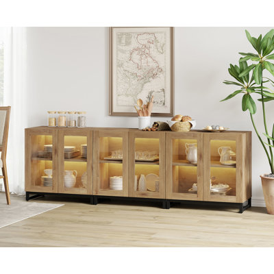 3 In 1 Multifunctional Sideboard Buffet Cabinets With 6 Glass Doors, Modern Sideboard Credenza With Adjustable Shelf And Metal Base, Coffee Bar Cabinet Storage Cabinet For Living Room, Kitchen