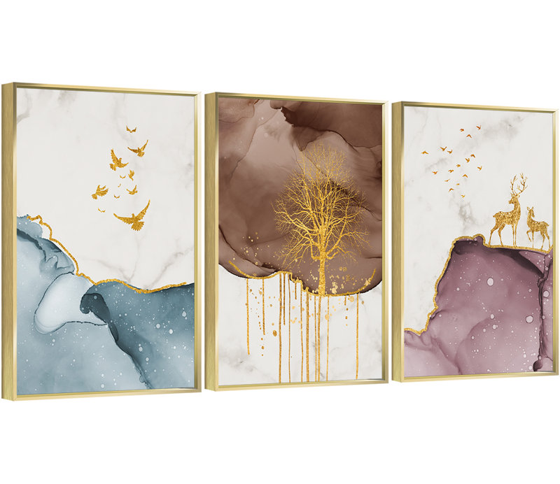 Abstrait aluminium encadré, ensemble de 3 reproductions d'art encadrées sur toile, H 16,3 po x l 36,3 po x P 1,65 po