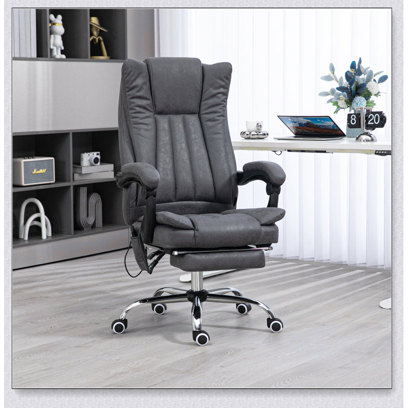 Chaise de bureau en microfibre, chaise d'ordinateur à haut dossier avec massage à 6 points, chaleur, hauteur réglable et repose-pieds rétractable, bleu foncé