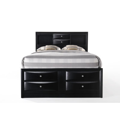 Lit de rangement pour grand lit au fini noir, 8 tiroirs de différentes tailles, placage de bois (taille avec fonction, rails latéraux et