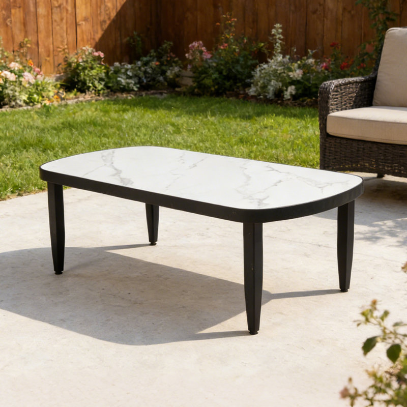 Table basse d'extérieur en aluminium de qualité supérieure 47,2 po avec plateau en pierre frittée, White