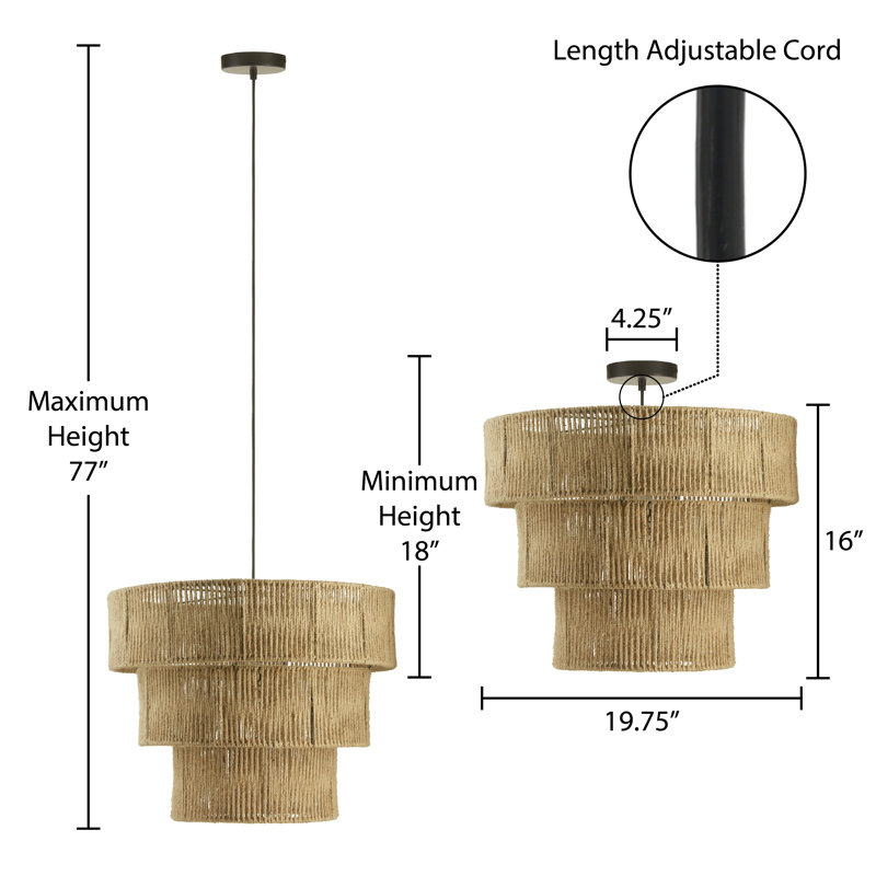 19.75"W 1-Light Unique Tiered Tan Jute Pendant
