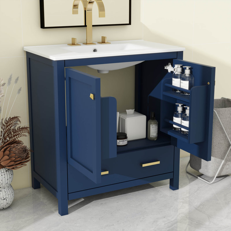 Ensemble de meuble-lavabo encastré 30 po avec 2 portes et 1 tiroir, Bleu, 30", Ensemble central de 4 po