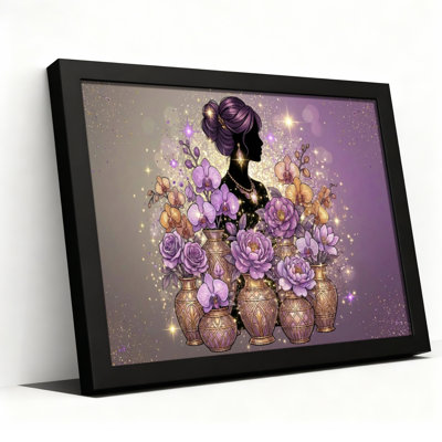 Ensemble de 1 tableau sur toile représentant une silhouette de femme à motif floral violet
