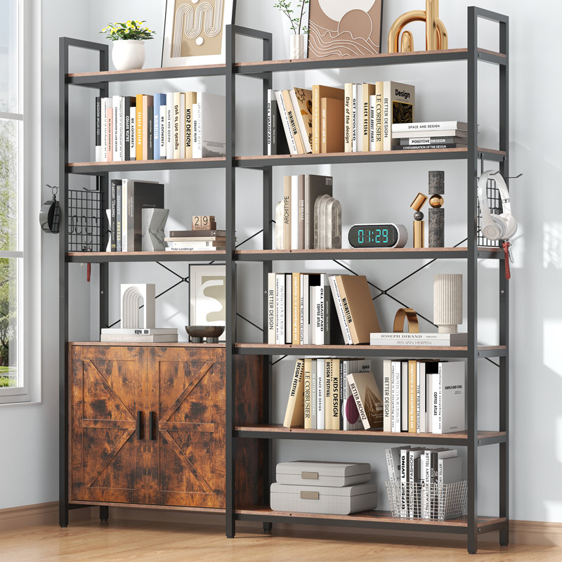 71.3" Industrial Bookshelf, Large 6-tier Triple Bookcase With Storage Cabinet, Metal Frame Furniture For Living Room, Bedroom, Home Office
