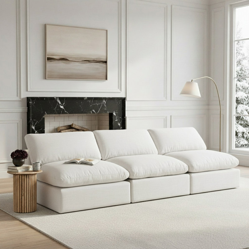 Hirvin 156'' Upholstered Sofa, White Linen Textured Fabric