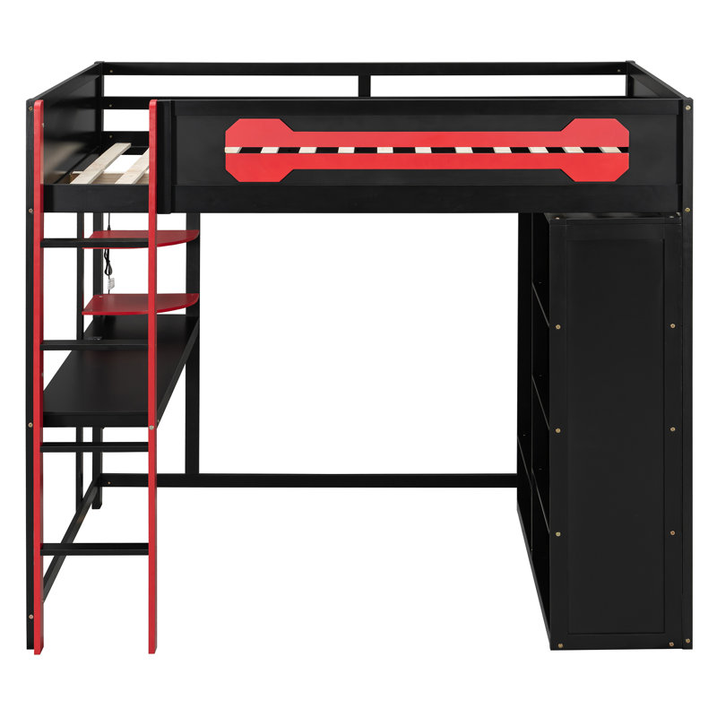Lit mezzanine double en bois avec bureau, garde-robe ouverte et éclairage RVB, lit multifonctionnel pour enfants et adolescents, rouge