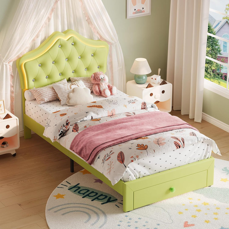 Twin Upholstered Platform Bed Frame with Storage Drawers, Low-Profile Faux Leather Bed with Crystal Accent Headboard, Green