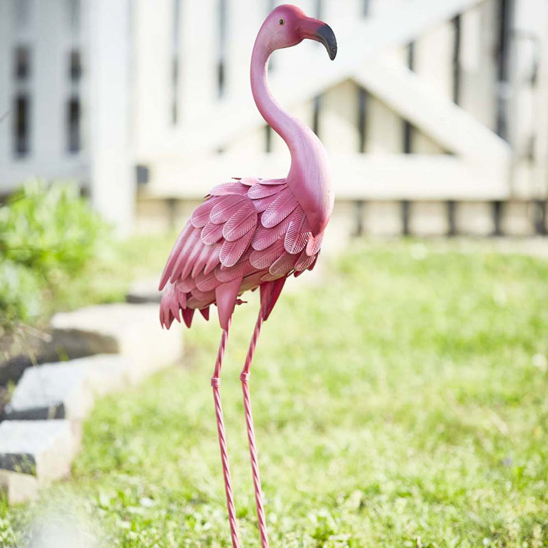 35-Inch Pink Metal Flamingo Garden Statue