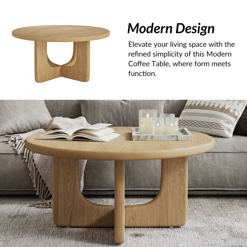 Gala 36" W Modern Round Oak Veneer Coffee Table With Solid Wood Legs, Natural