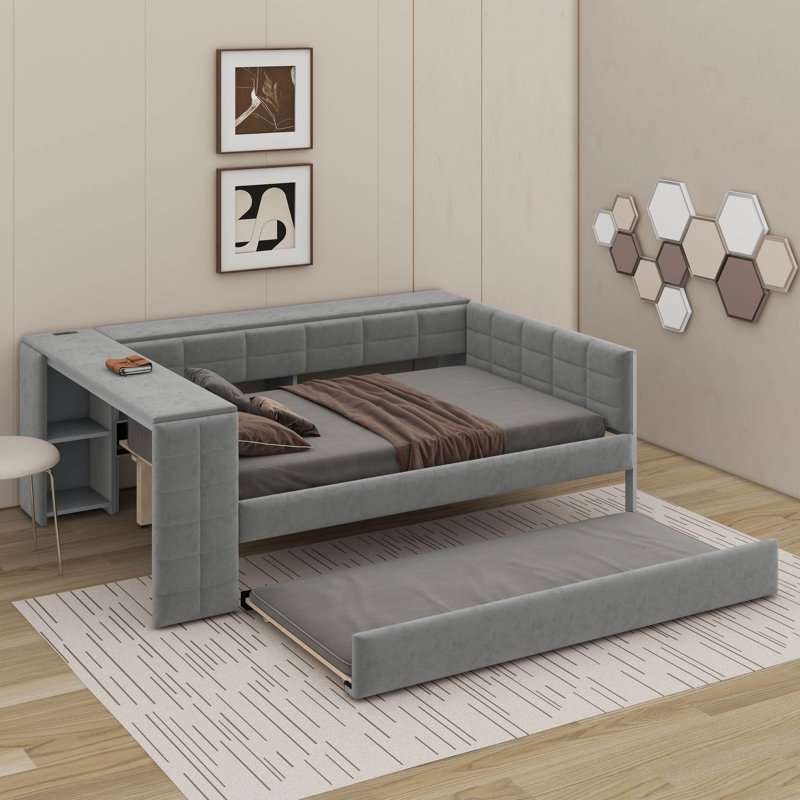 Lit plateforme tapissier pleine grandeur avec tablettes, bureau, station de charge et lit gigogne, Gris
