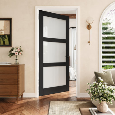 36" X 80" 3-Lite Black Frosted Glass Interior Prehung Door With Black Hinges, Privacy Glass Door Slab With Frame, Sound-Dampening & Waterproof, Suit For Laundry, Closet Doors, Room Doors, Left Hand