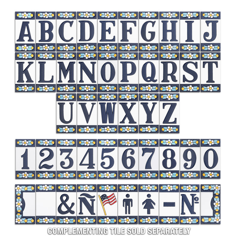Sevillano 2.13" x 4.38" Ceramic Floral Address Decorative Wall Tile in White/Blue