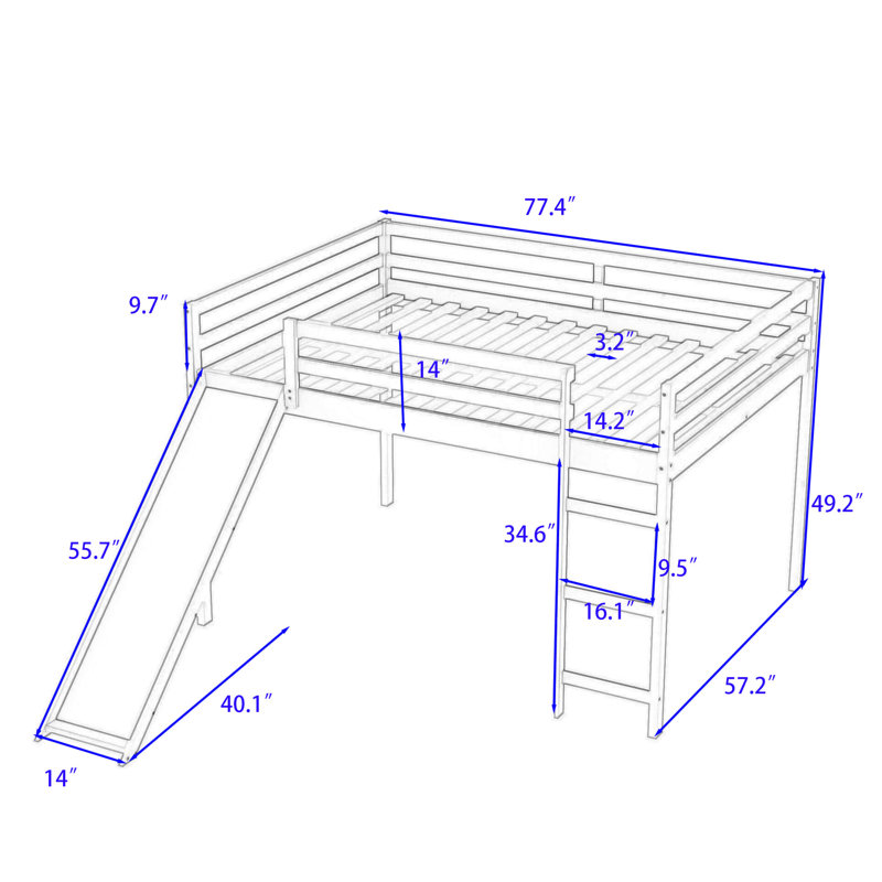 Lit mezzanine double en bois avec glissade, Blanc