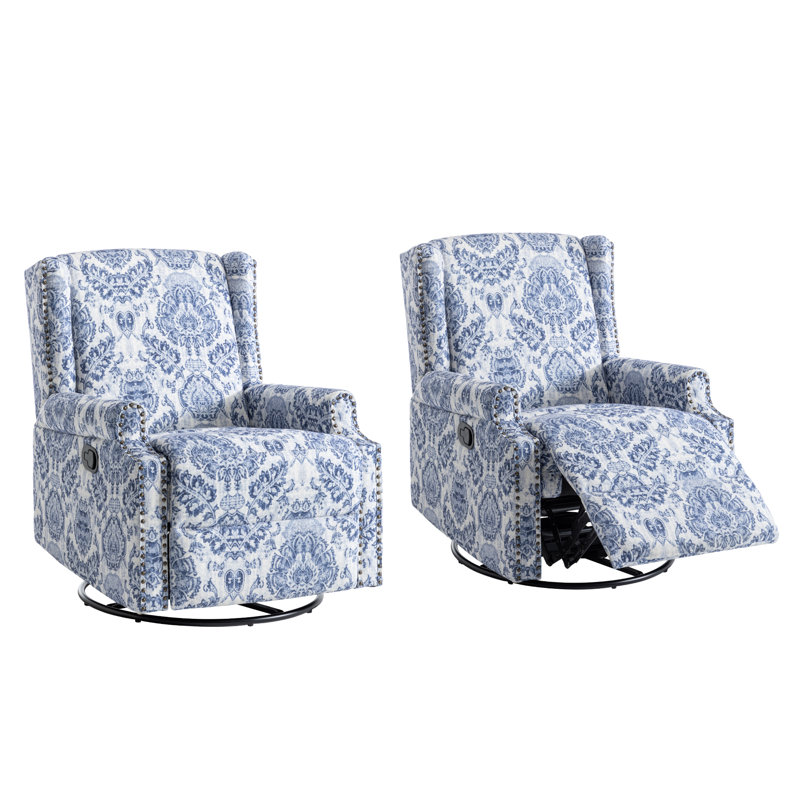 Upholstered Classic Wing Back Manual Handle Swivel Rock Glider Recliner with Naihead Trims, Navy