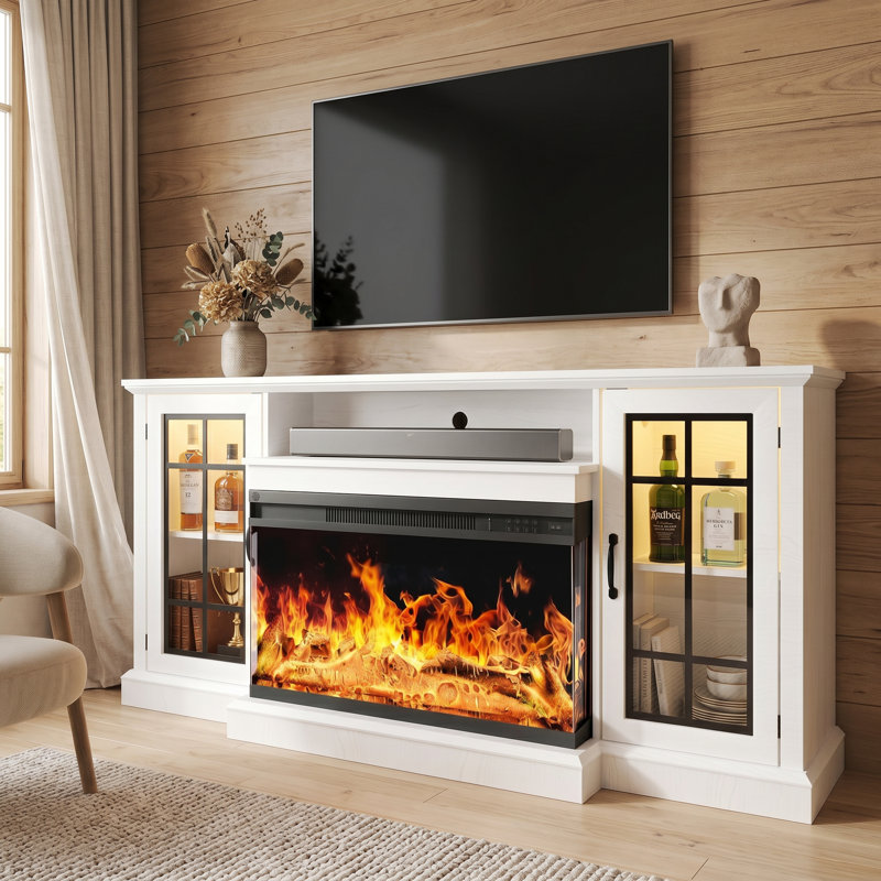 Farmhouse TV Stand with 36" Electric Fireplace and Glass Cabinet, 31.4”H x 13.8”L x 70”W, White