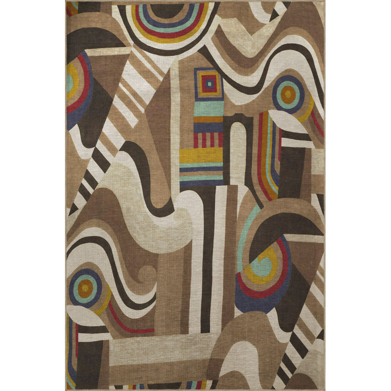 Tapis décoratif multicolore à motifs abstraits et multicolores de couleur brune, Tapis de couloir 3 pi 3,37 po x 6 pi 6,74 po