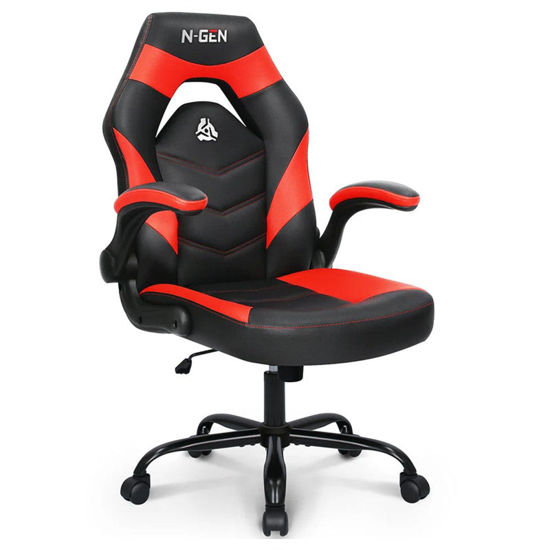 N-GEN Adjustable Ergonomic Faux Leather Swiveling PC & Racing Game Office Desk Chair with Flip-Up Arms, Red
