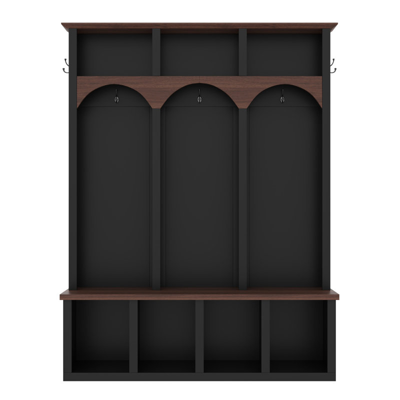 Farmhouse Arched Hall Tree With Storage Bench, 5 Hooks & 7 Cubbies For Entryway, Black