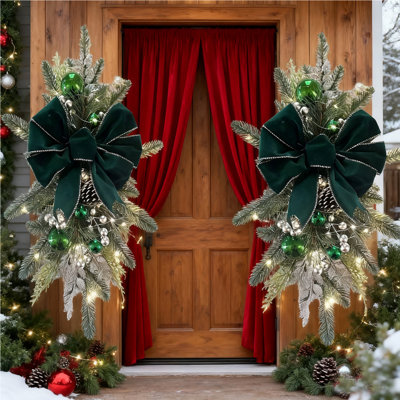 2 pièces décorations d'escalier sans cordon avec lumières et guirlandes de Noël artificielles, guirlande de Noël pour porte, décoration de fenêtre de maison intérieure / extérieure, pile non incluse