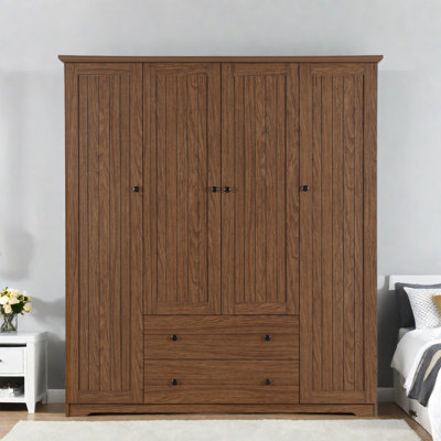 Classic Wardrobe Armoire Closet With 4 Door, 2 Drawers, Hanging Rods And Vertical Striped Design