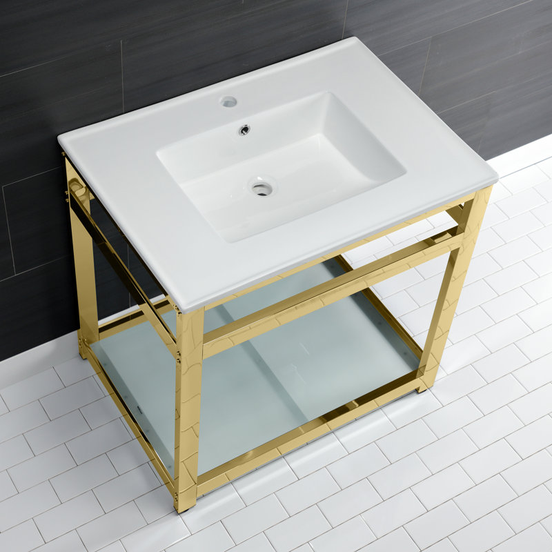 Kingston Brass Quadras 31-Inch Ceramic Console Sink with Steel Base and Glass Shelf, White/Polished Brass, Single
