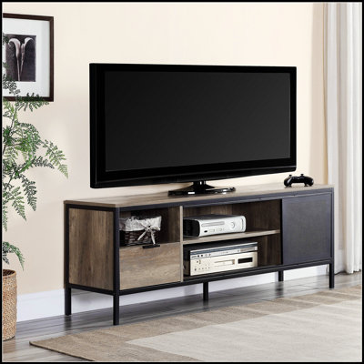 Meuble télé à 1 tiroir en chêne rustique et noir avec cadre en métal durable pour meuble audio-vidéo moderne