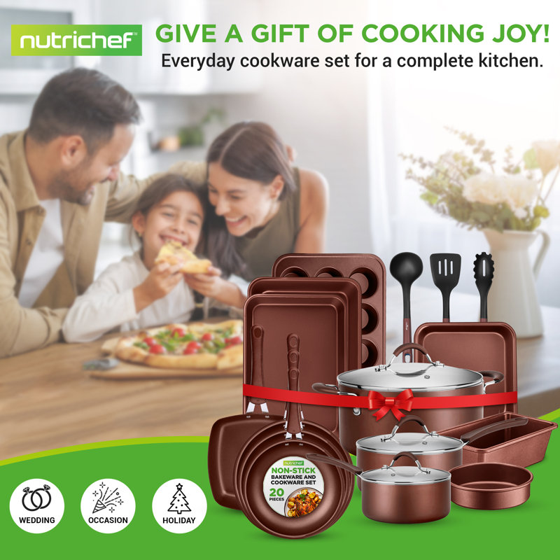 NutriChef 20-Piece Brown Non-Stick Aluminum Cookware Set