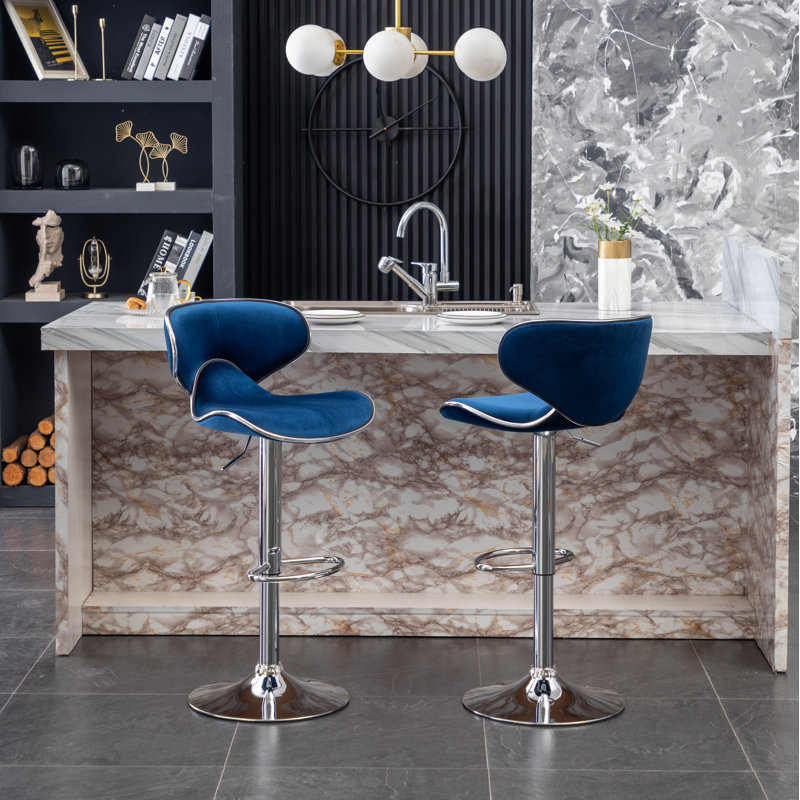 Annetra Velvet Upholstered Adjustable Swivel Barstool, Blue