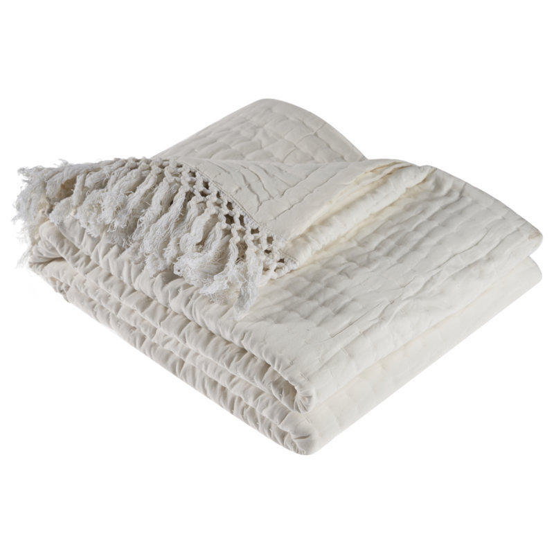 Ivory Cotton Reversible Throw Blanket with Fringe