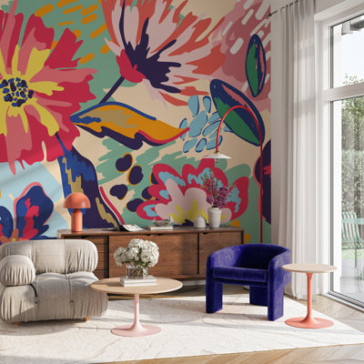 Papier peint floral multicolore abstrait avec fleurs surdimensionnées et feuilles peintes