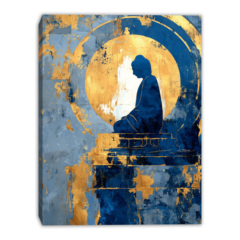 Abstrait méditation bouddha sur toile tendue bleue et dorée, H 24 po x l 16 po x P 1,5 po