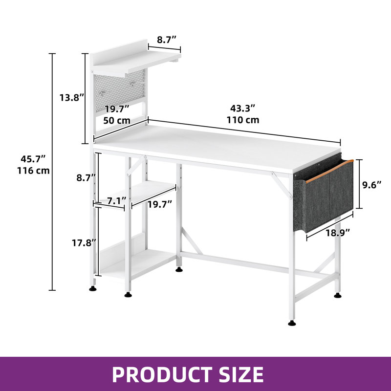 Reversible 110Cm W Computer Desk,Home Office Desk Gaming Table With Storage Shelf&LED Lights, White