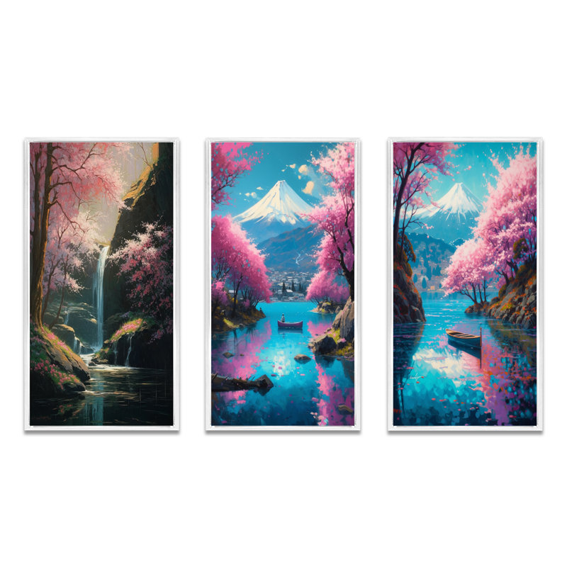 «Cherry Blossom Stream», 3 pièces sur toile, Cadre flottant blanc, H 32 po x l 48 po