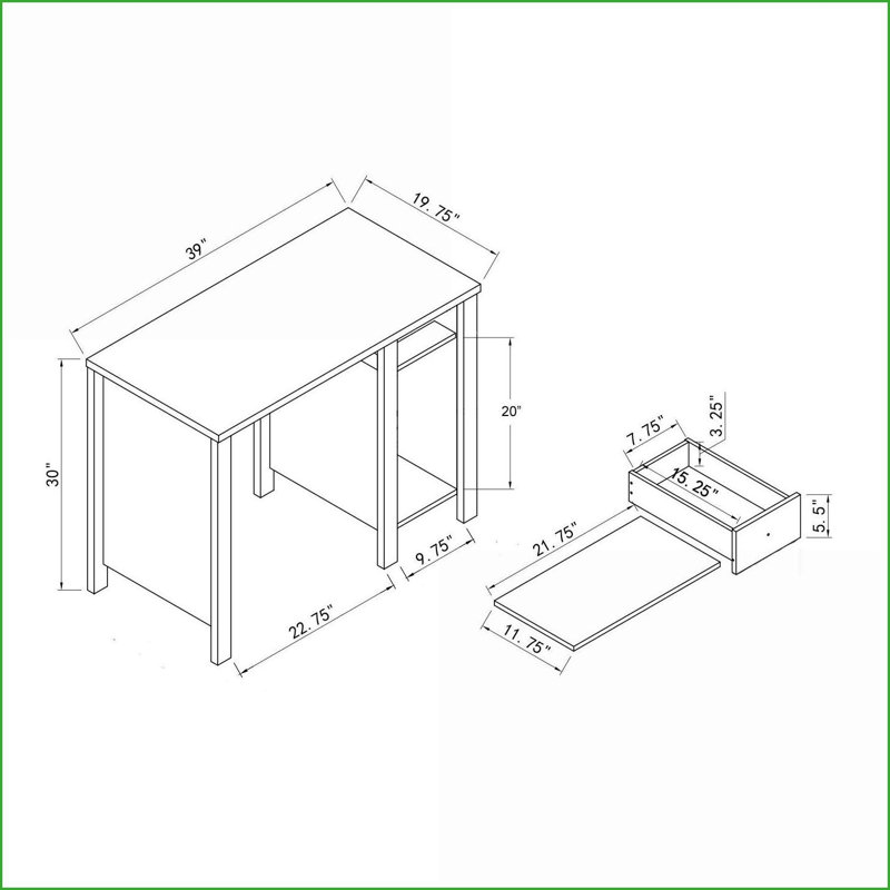 Bureaux Bureau à domicile compact 39 "avec tiroir et tiroir à clavier blanc | Panneau de particules + panneau de fibres à densité moyenne