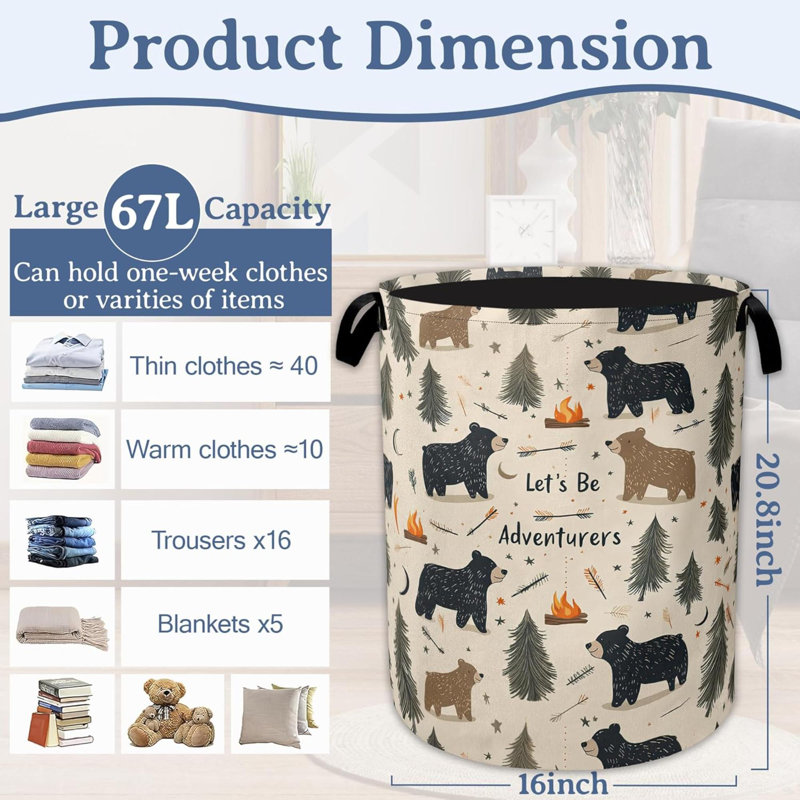 Funny Adventure Bear Forest Laundry Basket,Oxford Cloth Laundry Hamper With Handle Foldable Portable Clothes Storage Basket For Laundry Room/Bedroom/Bathroom