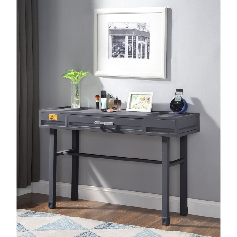 One Drawer Gunmetal Metal Vanity Desk, Iron Plate Surface, Frame, Recessed Panels, Side Glide With 3/4 Ext., Manual Close, Stop, 39"l X 16"w 25"h Knee Space Desk Featuring Drawer, Straight Legs,